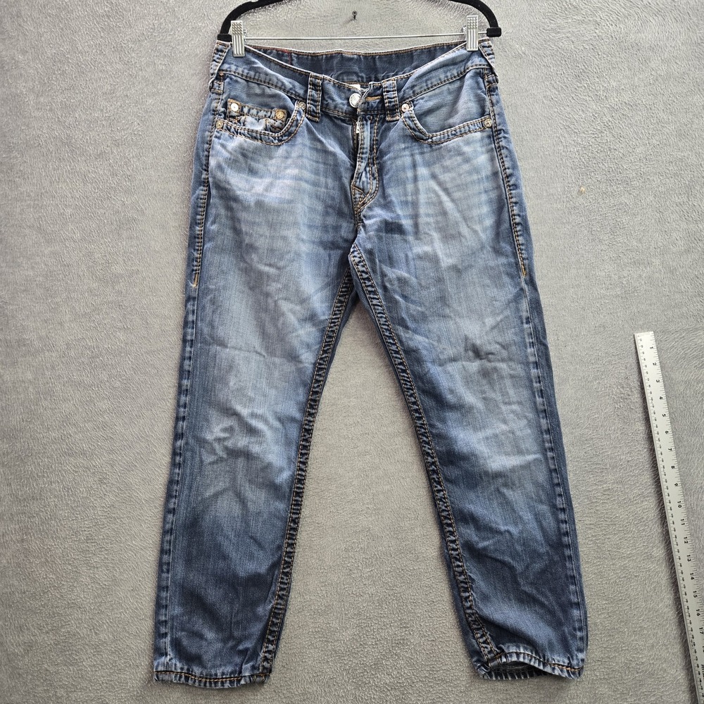 True Religion Brand Jeans Men Jeans 33 Blue Denim Skinny Red Orange Big T READ